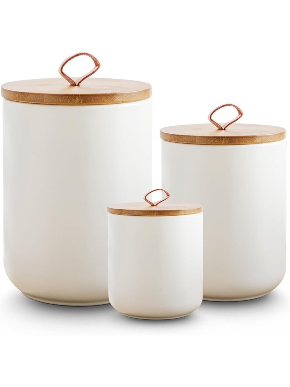 Stylish White Ceramic Canister Set with Wooden Lids - 3-Piece Kitchen Storage